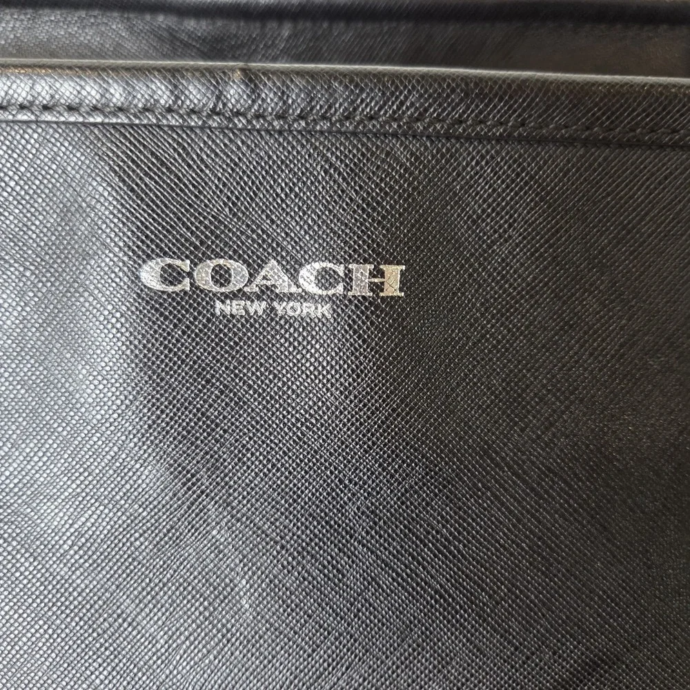 Coach Black Saffiano Leather Tote Shoulder Bag Silver Hardware Multi Pocket...